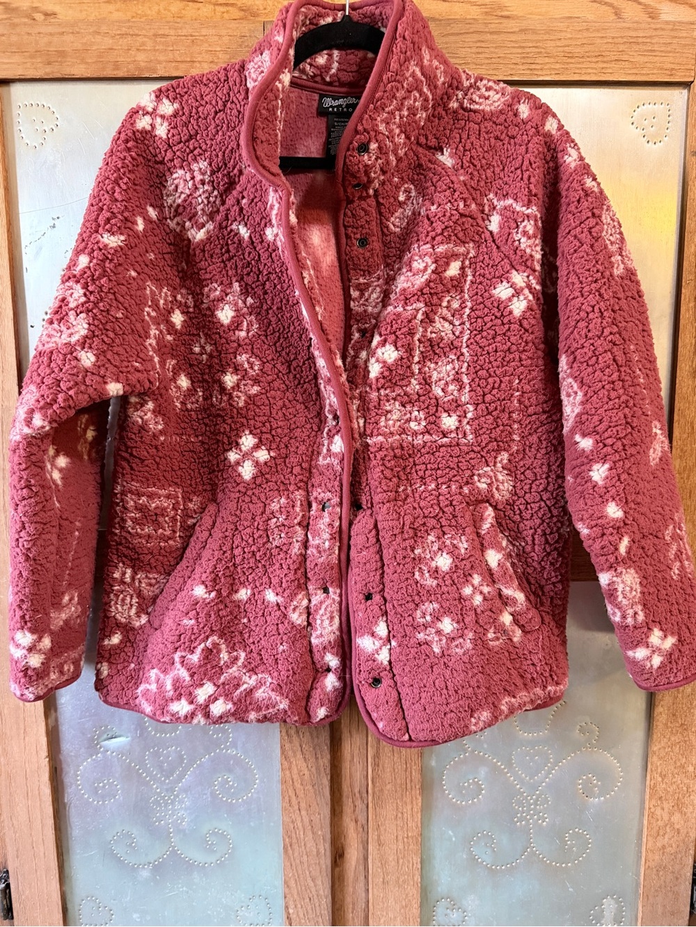 Wrangler Plush Sherpa Jacket in Dusty Rose paisley type pattern